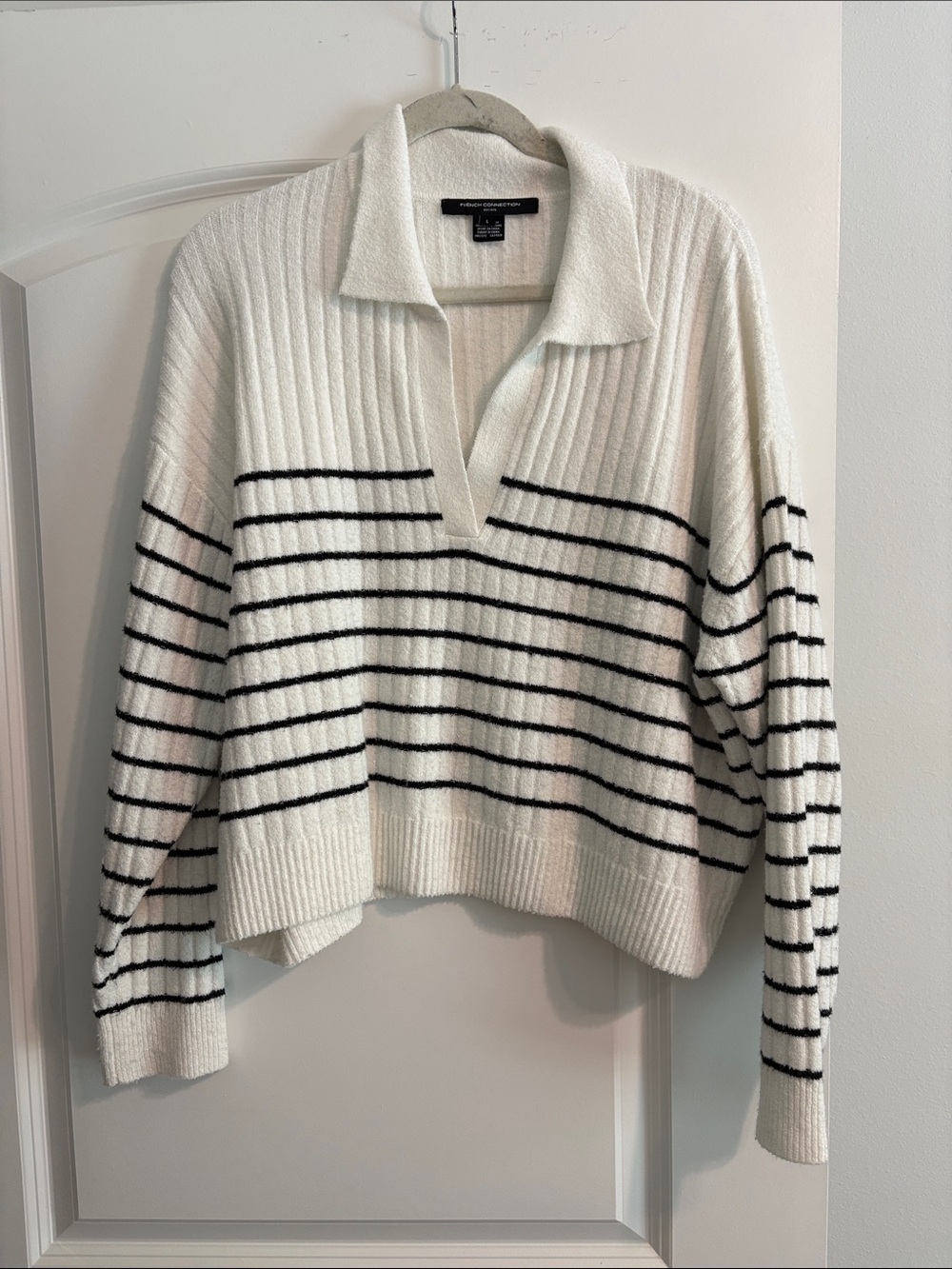 French Connection White V-Neck Collared Striped Sweater
